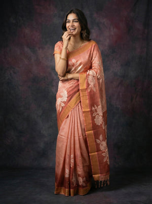 Linen Peach Floral Printed Saree