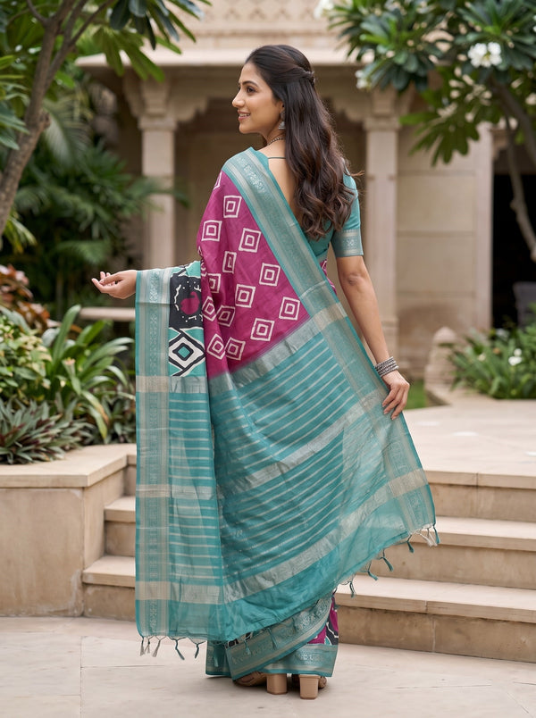 Pure Chanderi White Black Teal Abstract Print Saree