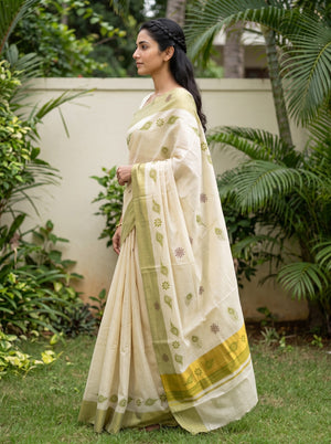 Tissue Cream Green Peacock Feather Print with Border Onam Special Kerala Saree