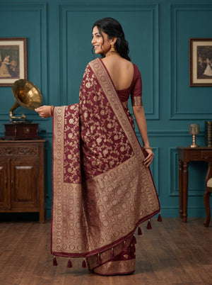 Banarasi Silk Maroon Golden Zari Floral Jaal Saree with Tassels