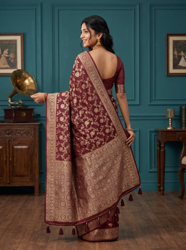 Banarasi Silk Maroon Golden Zari Floral Jaal Saree with Tassels
