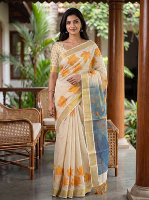 Tissue Cream Lord Krishna & Radha Print Pallu Set Saree