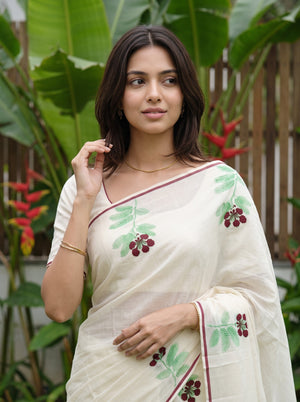Cotton Cream Floral Printed with Green Leaf & Maroon Flower Motifs Onam Special Kerala Saree