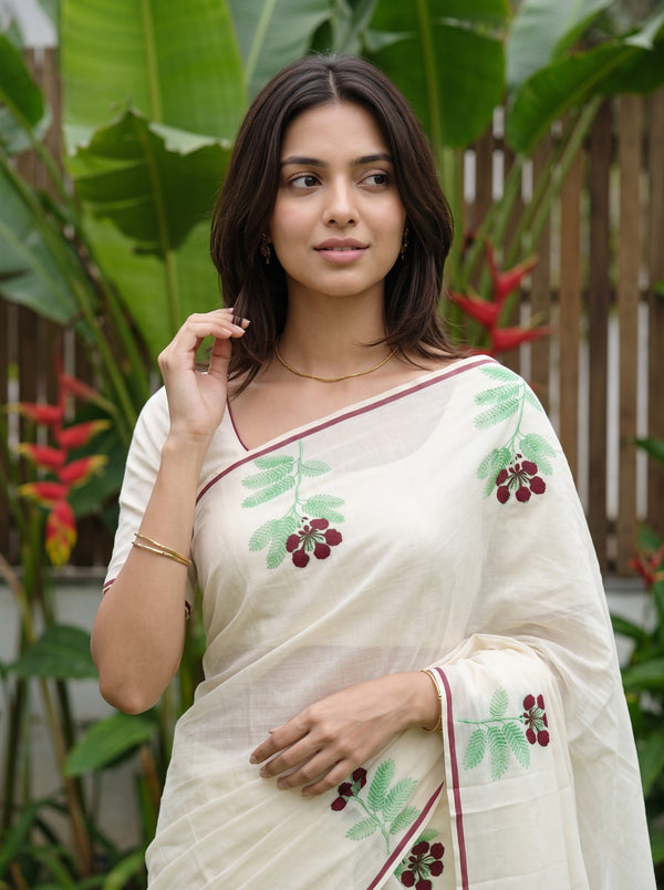 Cotton Cream Floral Printed with Green Leaf & Maroon Flower Motifs Onam Special Kerala Saree