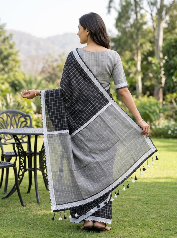 Linen Black Saree with Checkered Pallu & Tassels