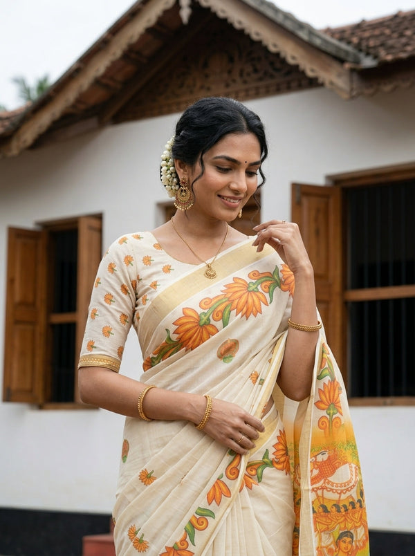 Tissue Cream Floral Mural Scene Print Tasseled Kerala Set Saree