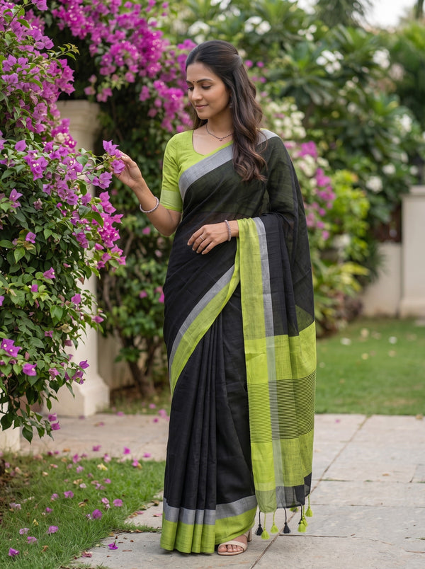 Linen Green Black Colorblock Striped Border Saree