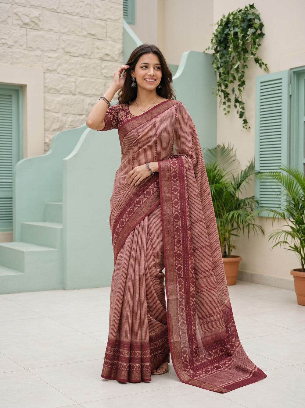 Pure Chanderi Maroon Saree with Ikat Stripe Print and Diamond Border