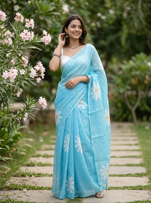 Cotton Sky Blue Large Daisy Print Saree with Tassel Pallu