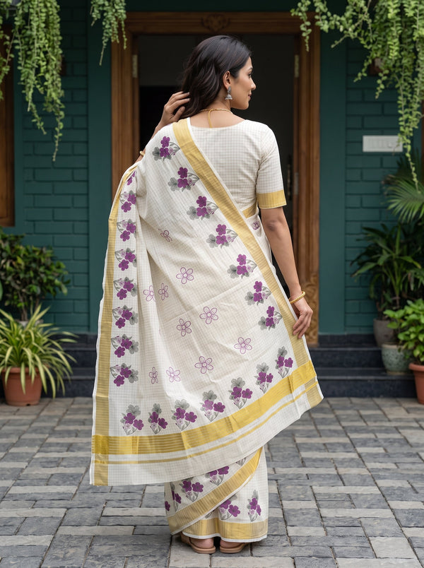 Cotton Cream Purple Floral Print Kerala Saree with Golden Zari Border