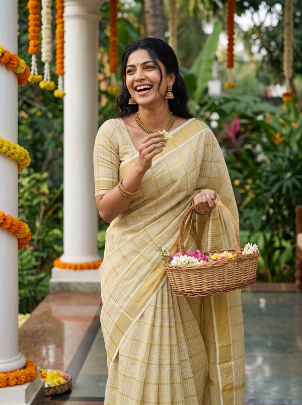 Tissue Cream Golden Checked Onam Special Kerala Saree