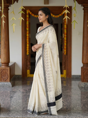 Cotton Off-White Grey Aztec Print Onam Special Kerala Saree