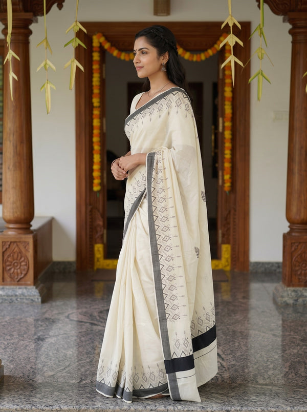 Cotton Off-White Grey Aztec Print Onam Special Kerala Saree