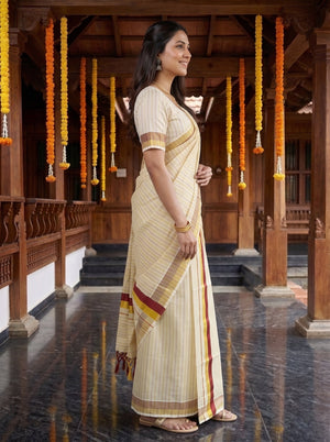 Tissue Cream Pinstripe Body Maroon Gold Border Onam Kerala Set Mundu
