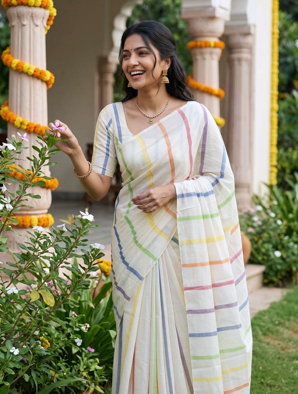 Cotton Off-White Multicolor Striped Onam Special Kerala Saree