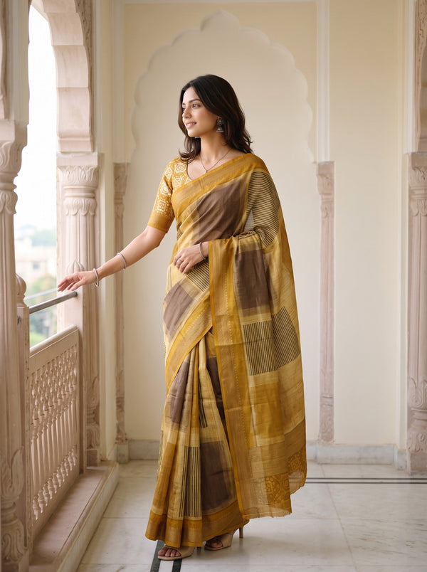 Pure Chanderi Mustard Golden Abstract Batik Print Medallion Border Saree