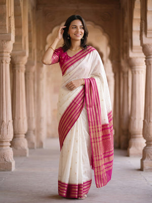 Semi Silk Cream Butta Print with Magenta Pink Zari Striped Pallu Saree