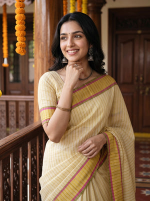 Tissue Pale Yellow Gold Pinstripe Saree with Multicolor Border Onam Special Kerala Saree