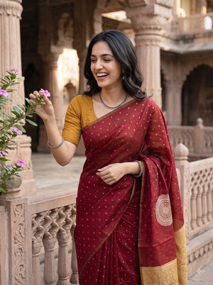 Cotton Silk Maroon Golden Polka Dot Mandala Mustard Brocade