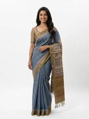 Semi Jute Steel Blue Striped Kalamkari Saree