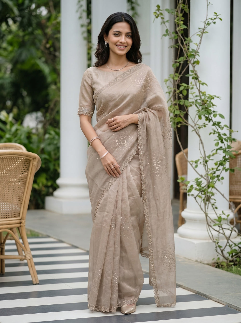 Tissue Silk Taupe Saree with Scattered Sequin Burst Design