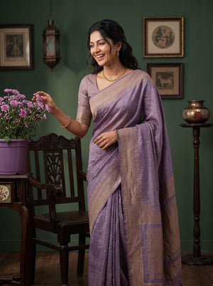 Banarasi Silk Lavender Zari Dot Brocade Border Saree with Tassels