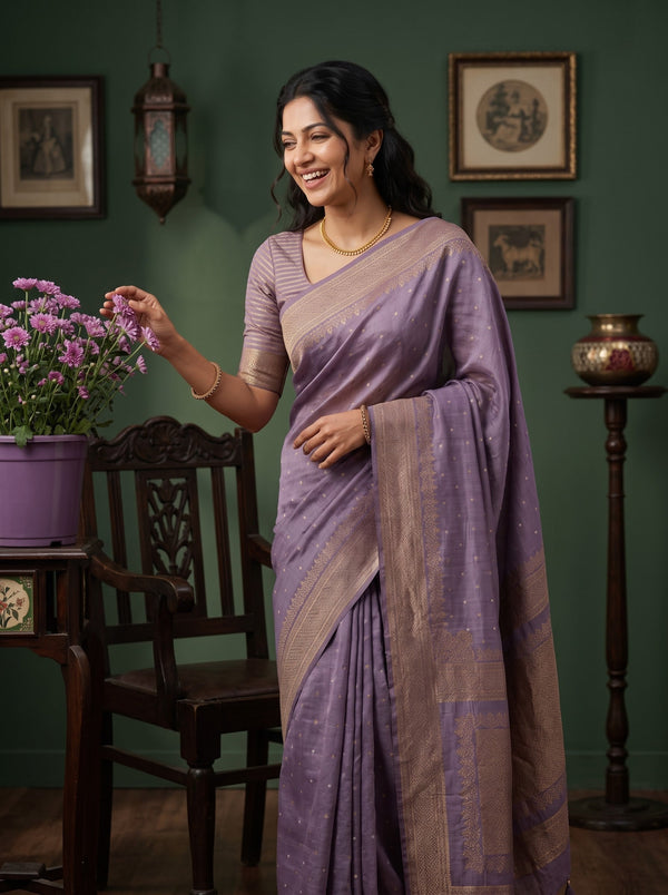 Banarasi Silk Lavender Zari Dot Brocade Border Saree with Tassels