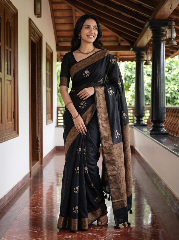 Cotton Silk Black Golden Zari Brocade Diamond Saree