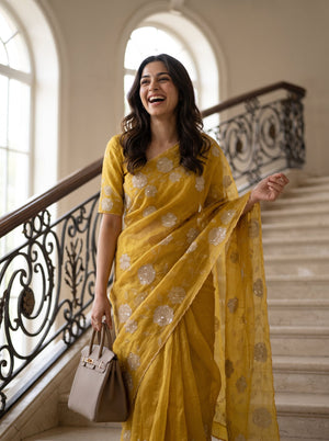 Organza Mustard Yellow Golden Rose Applique Sequin Embroidered Allover Floral Vine Saree