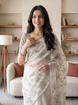 Net Kota Off-White Saree with Allover Bird Motif Design