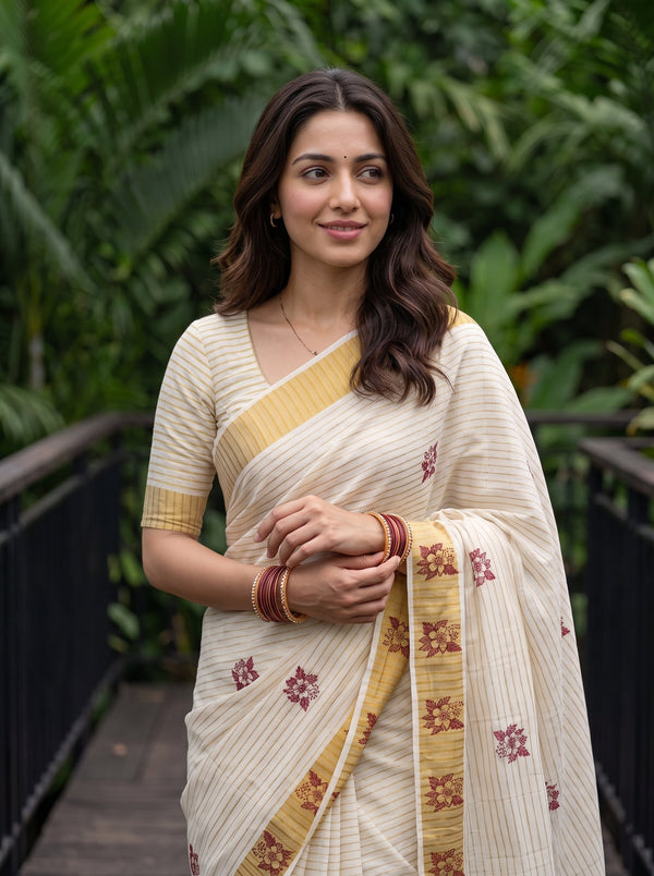 Cotton Cream Maroon Hibiscus Print Kerala Saree with Golden Zari Border