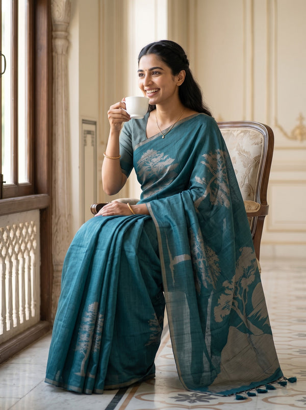 Semi Silk Teal Green Nature Print Saree with Tassels