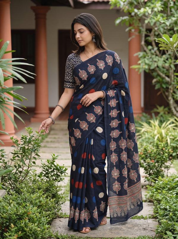 Cotton Black Saree with Multicolor Traditional Motif and Geometric Border