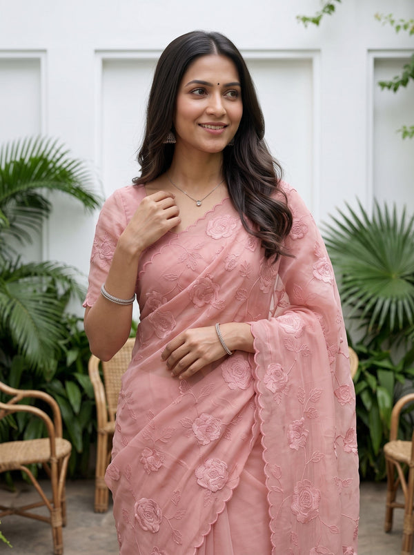 Chiffon Dusty Pink Floral Embroidered Saree