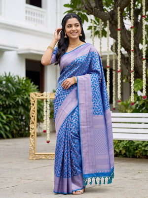 Kanjivaram Brocade Saree in Peacock Blue with Silver Floral Jaal Pallu