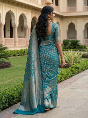 Brocade Silk Peacock Blue Saree with Golden Zari Floral Jaal Weave