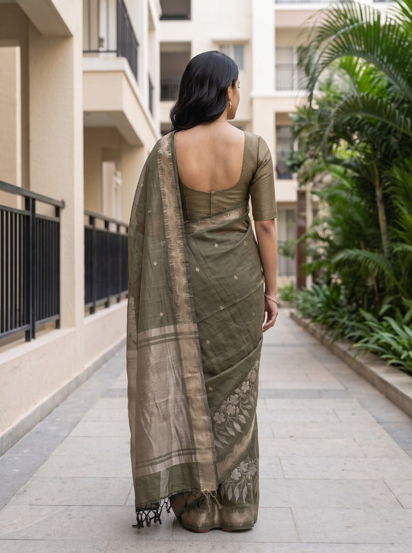 Cotton Silk Olive Green Silver Paisley Drop Motif Saree