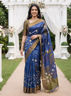 Tussar Silk Royal Blue Saree with Geometric Checks Printed Pallu