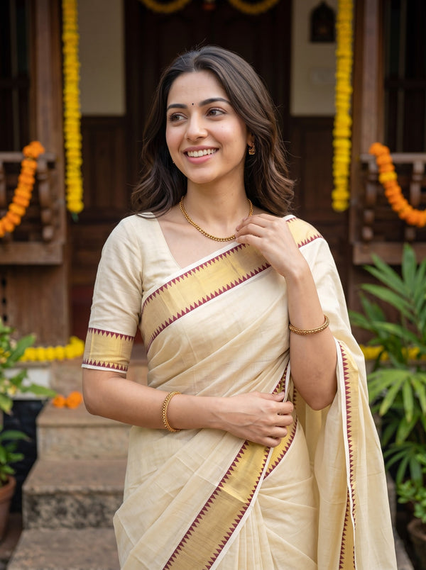 Tissue Off-White Gold Temple With Maroon Border Tassels Onam Special Kerala Saree
