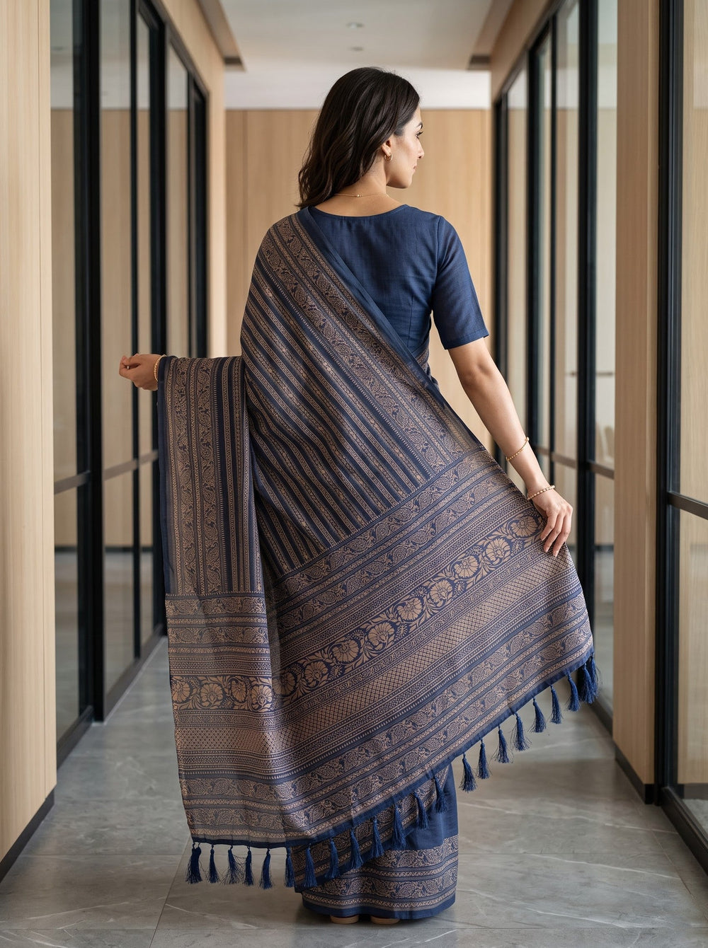 Cotton Navy Blue Saree with Traditional Paisley Motif Print
