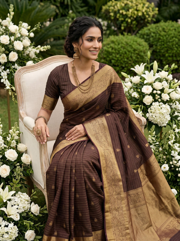Kanjivaram Silk Brown Saree with Striped Weaving and Rich Border