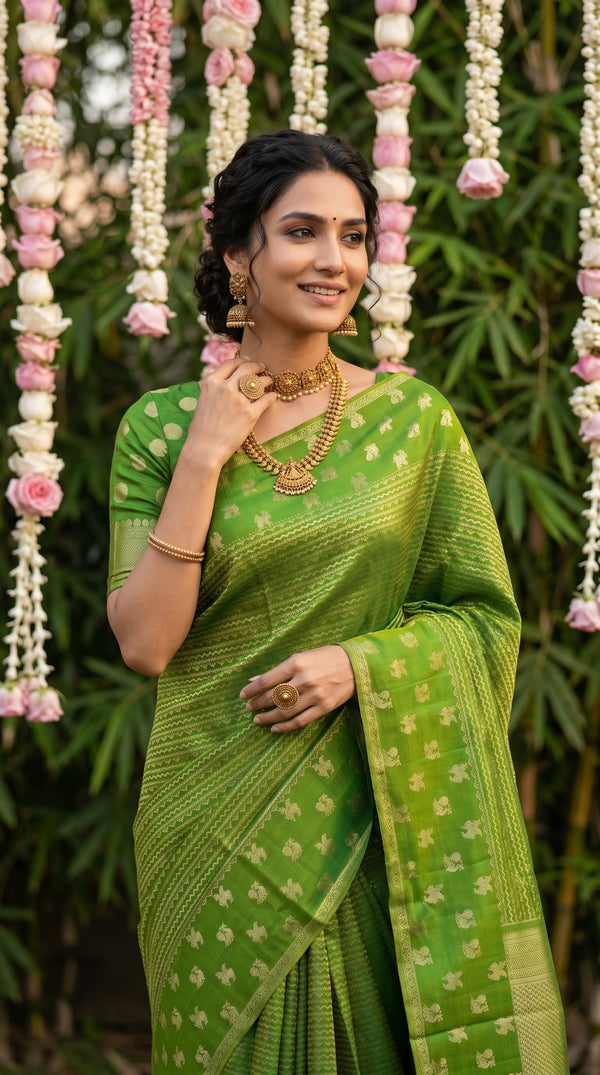 Kanjivaram Parrot Green Saree with All-Over Chevron Weave & Gold Floral Border
