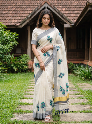 Tissue Cream Kerala Saree with Blue-Green Floral Print Pallu, Golden Zari and Navy Striped Border