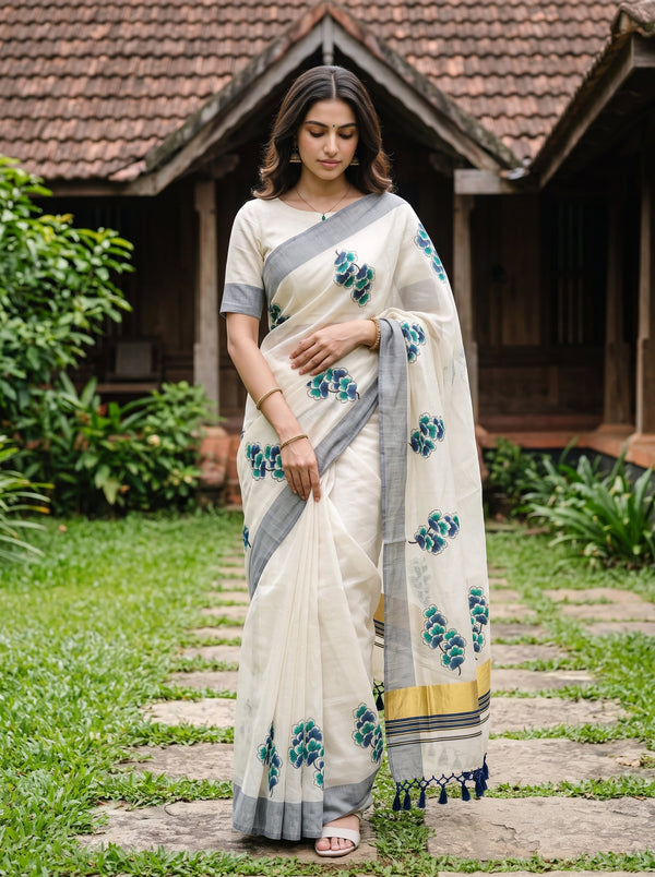 Tissue Cream Kerala Saree with Blue-Green Floral Print Pallu, Golden Zari and Navy Striped Border