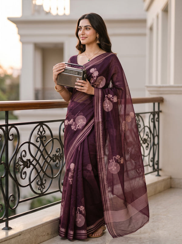 Organza Wine Purple Floral Bonsai Print Saree
