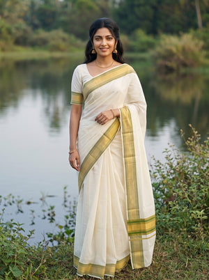 Cotton Cream Gold Green Striped Border Onam Special Kerala Saree