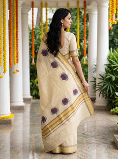 Tissue  Golden Pinstripe Circular Motif with Multi-Stripe Border Onam Special Kerala Saree