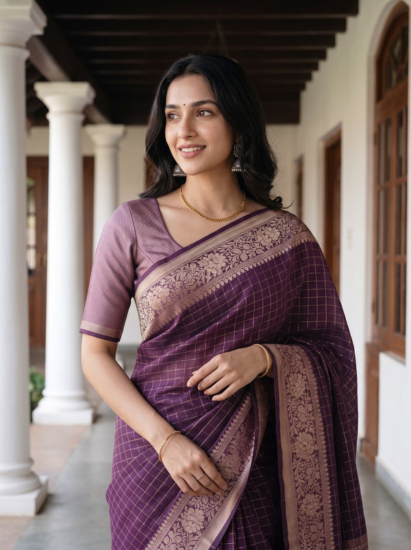 Cotton Silk Purple Golden Paisley Floral Butta Pallu Saree