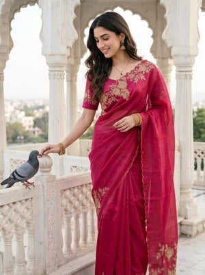 Raw Silk Rani Pink Golden Rose Vine Embroidered Pallu Saree with Scalloped