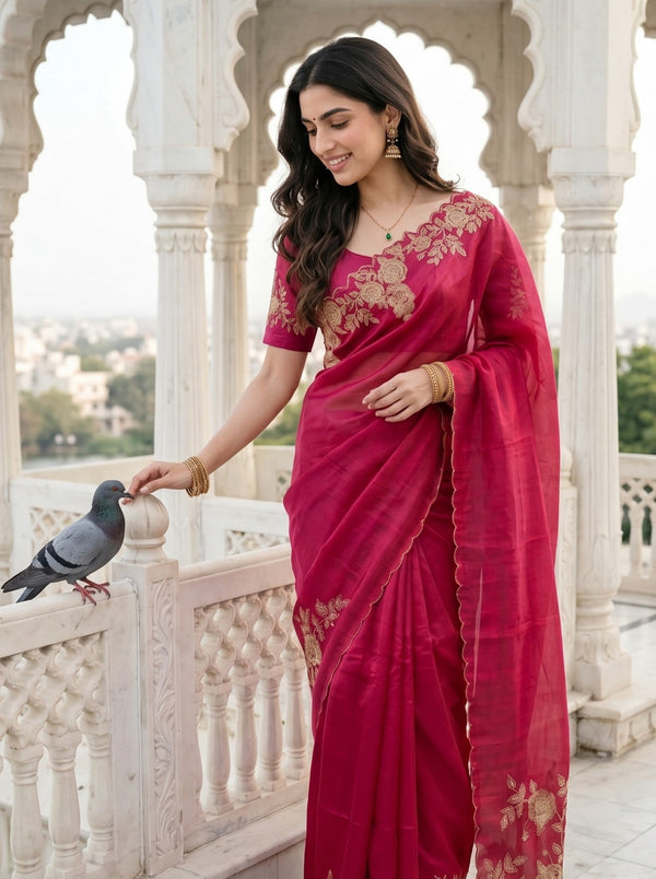 Raw Silk Rani Pink Golden Rose Vine Embroidered Pallu Saree with Scalloped